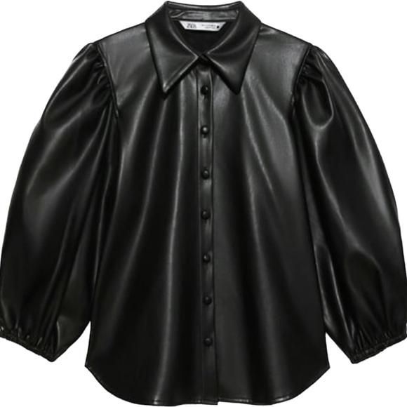 ZARA Black Puffed Sleeve Faux Leather Shirt Blouse - Picture 3 of 6